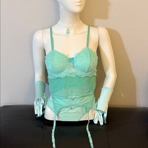 Aqua Lace Bustier with Garter & Gloves